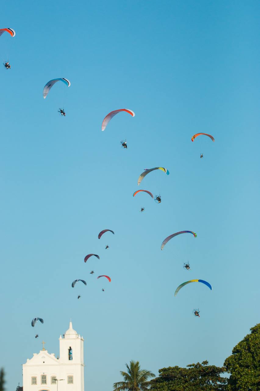Group paramotor flight, sunset